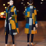 羊毛呢子大衣2015秋冬新款女装韩版修身格子撞色中长款大衣外套潮