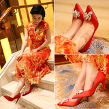 新款婚鞋红色新娘鞋礼服高跟鞋细跟结婚红鞋尖头水晶鞋旗袍单鞋女