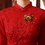 夹棉旗袍敬酒服 2015秋季新款新娘结婚红色长袖短款旗袍 复古加厚