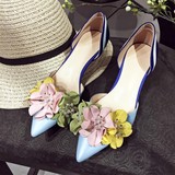 2016年春季新款蓝色花朵高跟鞋真皮浅口尖头细跟单鞋中跟套脚女鞋