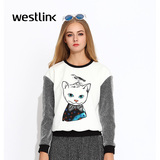 Westlink西遇2015秋新款 休闲猫印花落肩袖撞色拼接女装套头卫衣