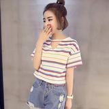 夏季韩版大码镂空上衣女装彩色条纹学生短袖t恤破洞性感宽松体恤