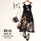 欧洲站新品 黑色 高端重工花朵刺绣真丝连衣裙中长款 配吊带