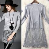 2015秋冬欧美女装麂皮绒拼接蕾丝直筒中长款显瘦打底衫上衣