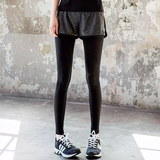 的确奇弹力紧身裤假两件健身裤女春季跑步裤瑜伽九分打底运动长裤