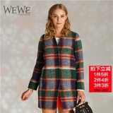 WEWE/唯唯2015冬季新款格子长袖毛呢大衣中长款V领保暖羊毛外套女