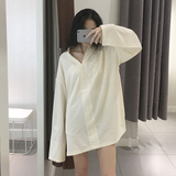 2016韩国新款宽松显瘦纯色大码棉麻长袖衬衫V领套头中长款外套女