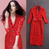 16春装性感蕾丝V领七分袖修身中长款红色礼服连衣裙晚宴年会礼服