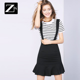 ZK时尚套装裙两件套条纹T恤修身包臀背带鱼尾半身裙2016夏季新款