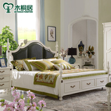 木桐居家具美式古典实木床1.8米乡村双人床白色仿古色床欧式皮床