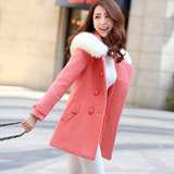 毛呢外套女 2015韩版修身秋冬装中长款加厚双排扣羊毛呢子大衣女