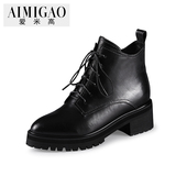 AIMIGAO爱米高2015秋冬热卖 胎牛皮系带中跟短靴欧美真皮粗跟女靴