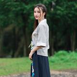 原创设计中国风手绘菊花改良汉服女士对襟中袖汉元素棉麻上衣外套