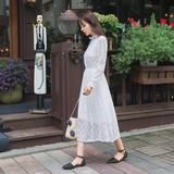 2016秋季韩版修身白裙子春秋学生长裙秋装蕾丝中长款连衣裙长袖仙