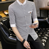 男士中袖七分袖衬衫韩版修身青少年夏季学生条纹衬衣寸衫潮男装土