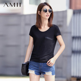 艾米AMII女装旗舰店2016夏装短袖人造棉冰丝上衣有带大口袋T恤衫