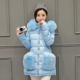 冬装新款韩版中长款修身时尚毛毛大口袋加厚棉衣棉服毛呢外套女