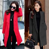 2016秋装新款韩版修身红色中长款毛呢外套女气质时尚大气毛呢大衣