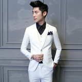 2016新款男士西服套装韩版时尚薄款麻料西装三件套亮色修身小西装