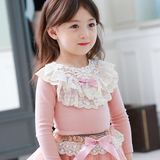 春季女童打底衫纯棉韩国新款童装蕾丝圆领公主蝴蝶结儿童长袖T恤