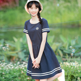 2016夏装新款少女连衣裙中长款短袖海军学院风学生纯棉a字裙下
