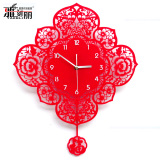 雅刻丽挂钟客厅现代简约石英钟创意时尚静音艺术中国红风春图钟表