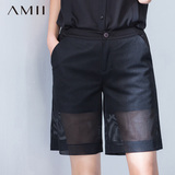 Amii2016夏新款纯色镂空网格拼接大码休闲直筒五分裤艾米女中裤