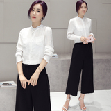 2016初秋新款韩版简约小立领长袖白衬衫阔腿裤OL两件套装女
