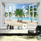 3d立体无缝墙布海景假窗户风景大型壁画客厅沙发电视背景壁纸墙纸