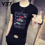 V37夏季男装男士短袖t恤男圆领印花半袖体恤韩版修身青年潮男衣服