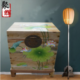 新中式实木床头柜香樟木箱子复古彩绘四方箱储物箱小茶几边几角几
