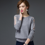 2016春装新款韩版女宽松圆领短款毛衣女套头长袖蕾丝针织打底衫