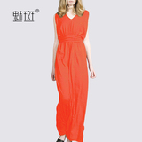 魅斑2016夏装新款夏季欧美品牌气质橙色长款针织打底气质女连衣裙