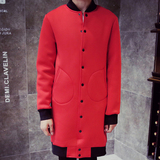 日系男中长款太空棉外套棒球服英伦男士夹克潮流时尚直筒红色外套