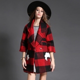 2015秋冬季新款韩版红格子女式羊绒大衣中长款羊毛呢子外套女韩范