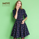 JMFIVE2016春秋新款女装欧洲站高端大摆格子五分袖连衣裙秋季女裙