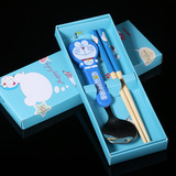 儿童卡通哆啦A梦竹木筷子二件盒装 小孩子餐具不锈钢勺子竹筷套装