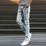 凯登狮夏季青年显瘦浅色牛仔裤男生薄款修身弹性个性小脚长裤子潮