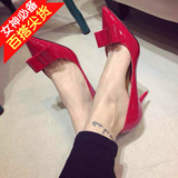 韩版性感漆皮蝴蝶结细跟高跟鞋尖头中跟单鞋红色婚鞋工作鞋裸色34