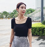 韩国代购夏装韩版紧身螺纹大领口方领中长款纯色女打底衫短袖t恤
