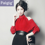 Palglg2016春装新款女装韩版性感宽松显瘦挂脖露肩长袖雪纺衫上衣