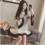 2016韩版新款夏装大码女装 韩版宽松黑白条纹拼接喇叭袖孕妇百褶
