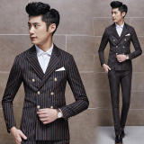 2015秋冬新款韩版休闲男士条纹小西装礼服三件套装修身型西服外套