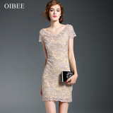 OIBEE2016夏装新款女装潮高端绣花蕾丝性感V领短袖修身包臀连衣裙