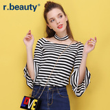 r．beauty夏新款女装韩版条纹一字领喇叭七分袖修身T恤衫r16B8374