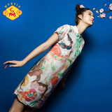 密扇夏款设计师女装中国风改良日常长袖宽松旗袍民族风印花连衣裙