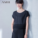 Amii女装夏季新款棉麻混纺纯色宽松雪纺大码短袖T恤女子上衣半袖