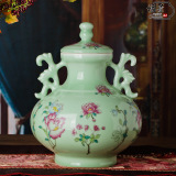 福景家居 纯手工豆青釉牡丹花客厅摆件陶瓷器花瓶现代装饰工艺品