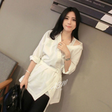 2016夏季新款韩版女装大码衬衫中长款不规则大斜领腰带bf白衬衫女