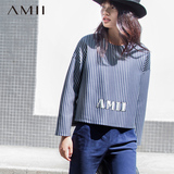Amii 2016秋装新款艾米女装竖条纹绣花宽松大码套头卫衣女打底衫